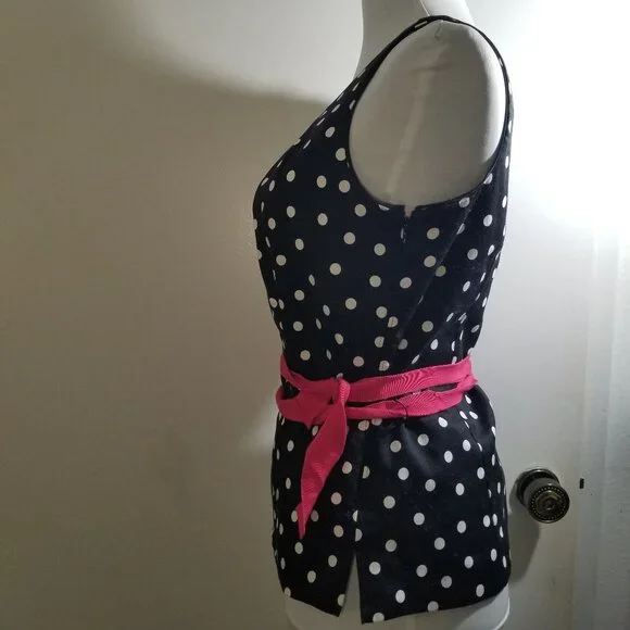White House Black Market brand polka dot top in black with pink belt, size 2 - Picture 3 of 11